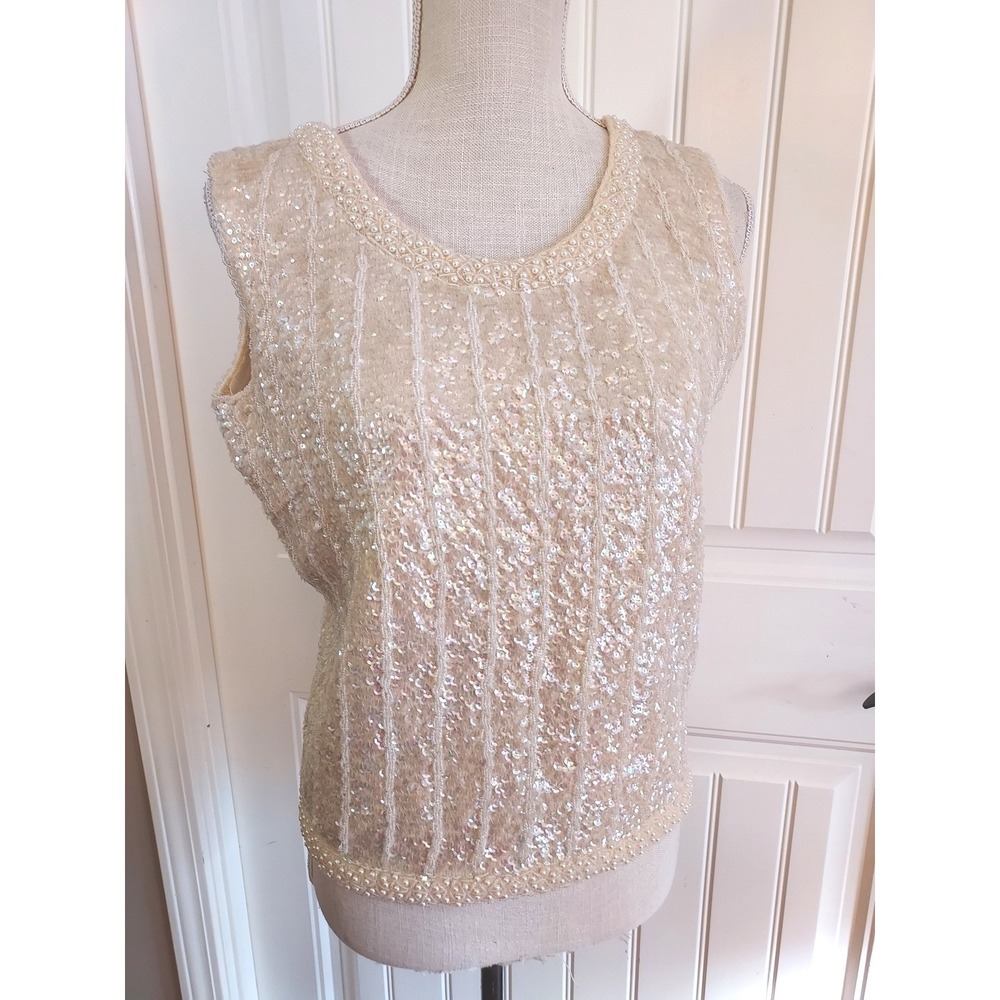 Vintage Beaded Sequin Wool Shell Top Womens small Cream Coquette Retro Pearls